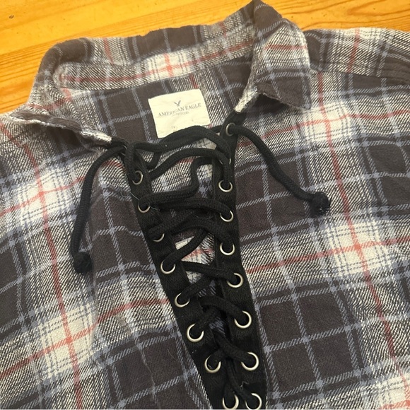 America Eagle Outfitters  Plaid Lace-Up Shirt Distressed frayed oversized fit M - Picture 2 of 8
